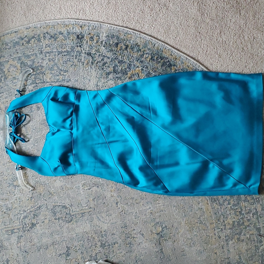 Cache teal fitter halter dress